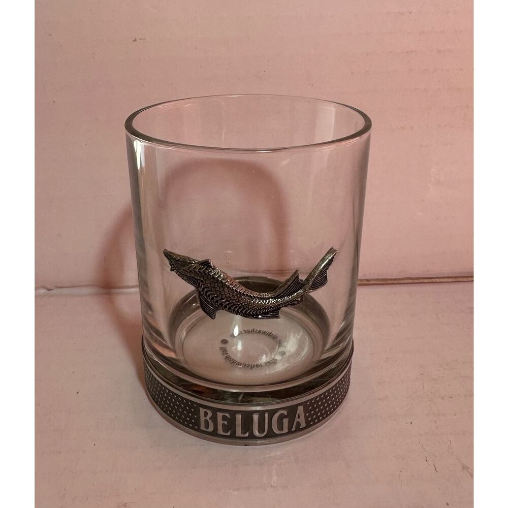 Beluga Premium Russian Vodka Lowball Rocks Tumbler Glasses Pewter base Rim 8 oz